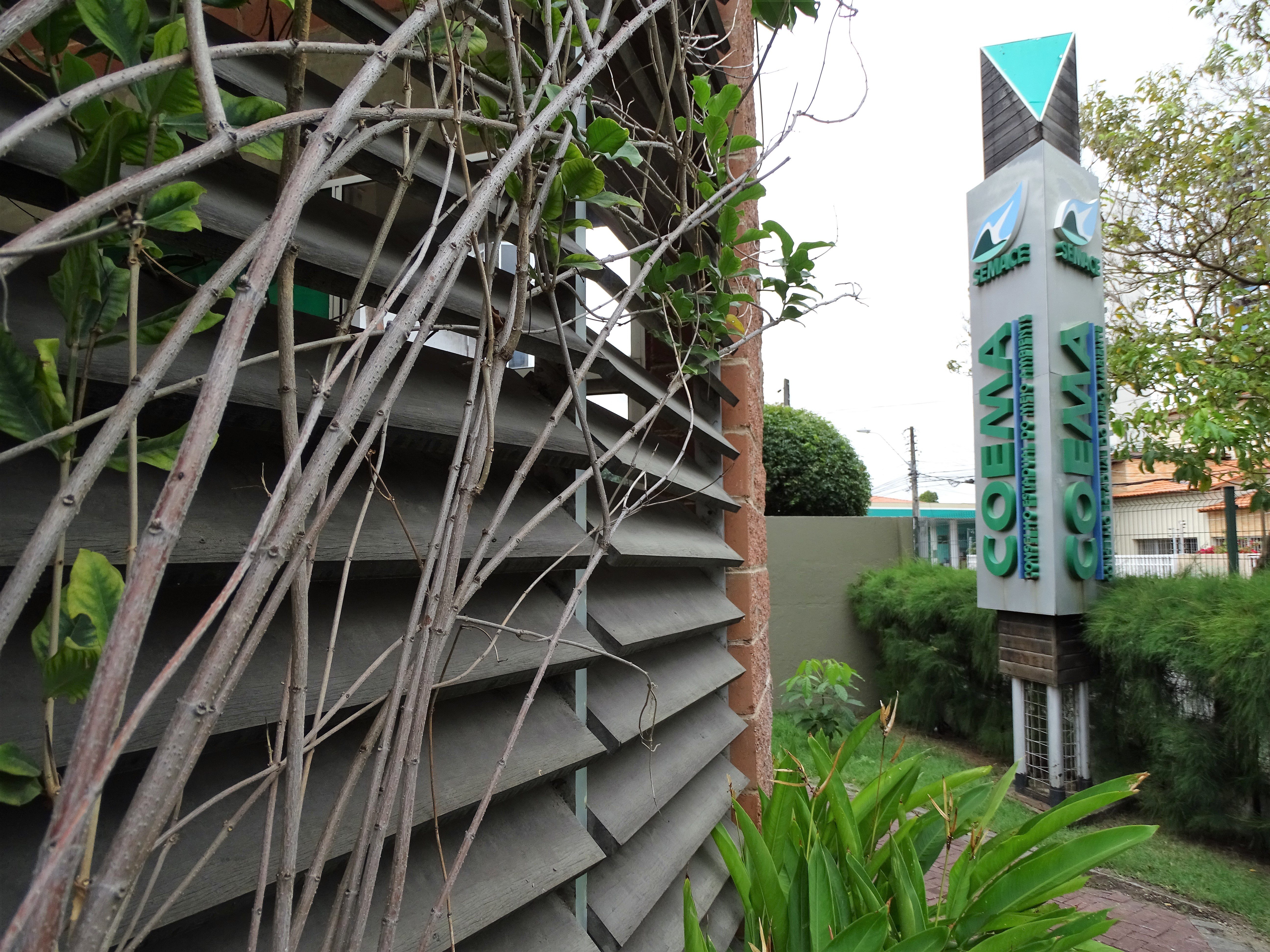 Fotografia da fachada do Coema. Em primeiro plano, à esquerda, está uma parede com venezianas de madeira coberta por galhos e folhas. À direita, um letreiro vertical apresenta o seguinte texto na cor verde: Semace. Coema.