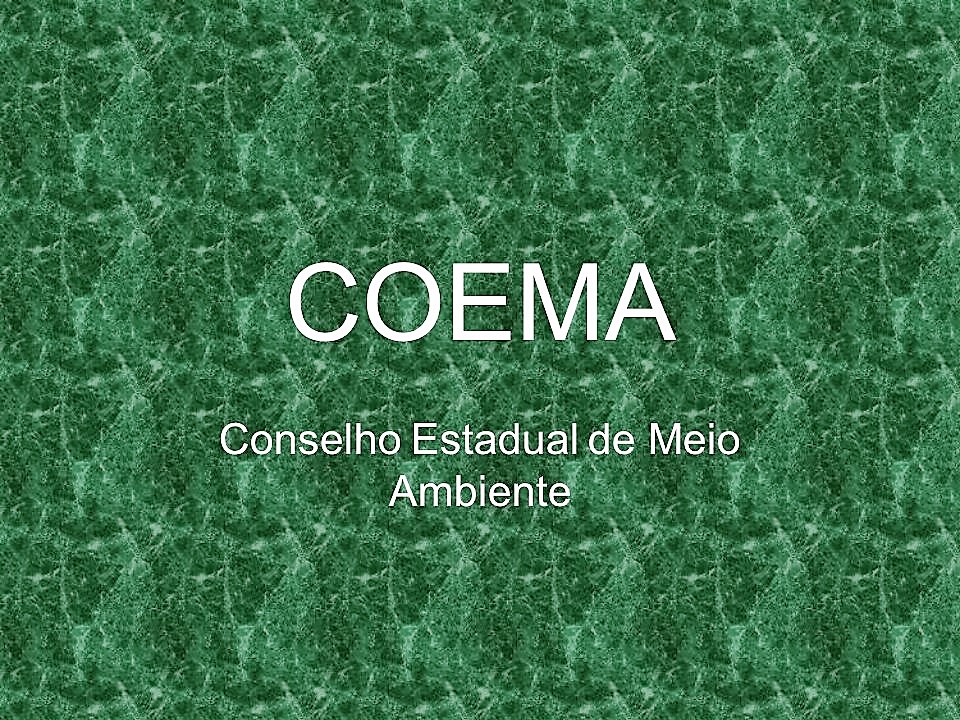 Arte meramente ilustrativa com predominância da cor verde, com o seguinte texto: COEMA - Conselho Estadual do Meio Ambiente