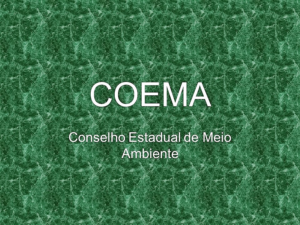 Arte meramente ilustrativa com predominância da cor verde, com o seguinte texto: COEMA - Conselho Estadual do Meio Ambiente