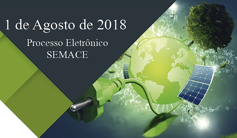 Ilustração do planeta terra com placas solares na superfície com o seguinte texto: 1 de agosto de 2018. Processo eletrônico Semace