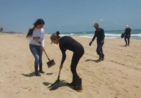 Técnicos da Semace recolhem flocos de óleo na Praia do Futuro