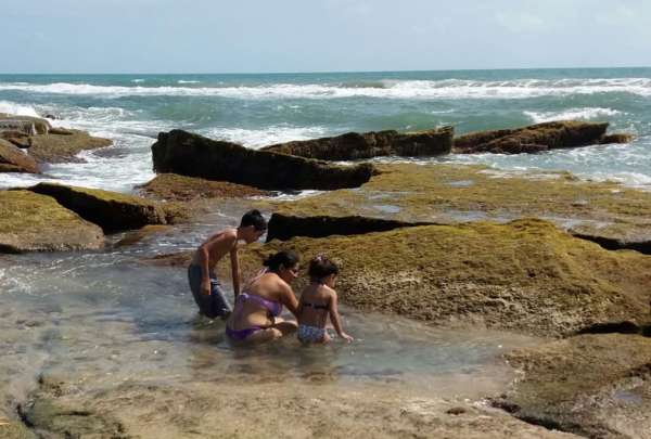 Mãe brica com filhos pequenos no mar