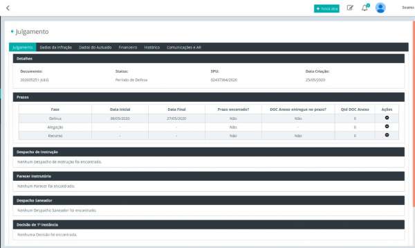 Interface do sistema no módulo julgamento